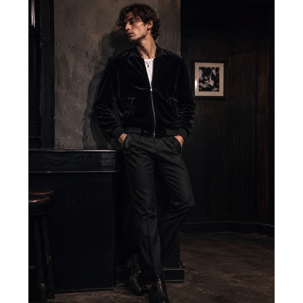 Zara Man Black Velvet Bomber Jacket Mens S Velour MA-1 Zip Indie Sleaze